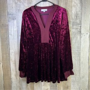 Luukse Size 1X V-Neck Burgundy Velour Long Sleeve Swing Top w/Pleated Fr…